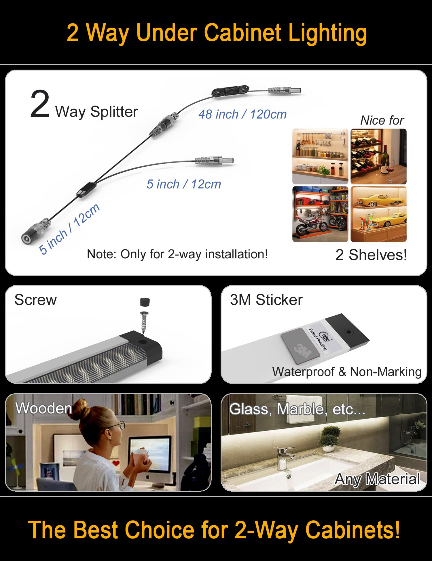 EBD Display Cabinet Lights Built-in Adjustable Cable for Kitchen 2-Way Splitter Touch Under Counter Lighting 4 Panels 1800 Lm 6500K Energy Super Bright Shelves Light Closet Bookcase & Shelf