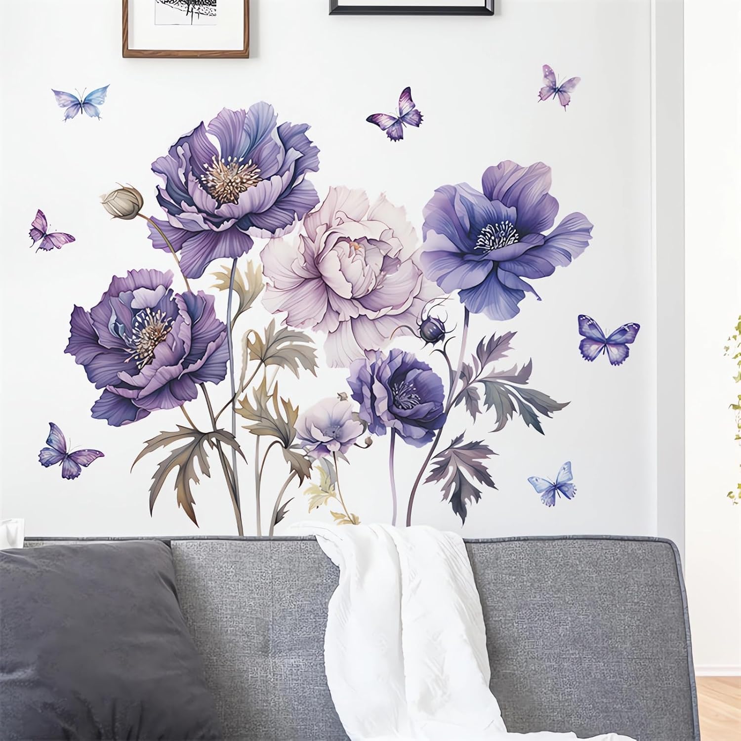 Purple Peony Flower Butterfly Large Wall Stickers, sacinora Peonies Floral Art Wall Decals Removable Vinyl Peel and Stick for Living Room Bedroom Sofa TV Background Nursery Home Decorations - Image 6