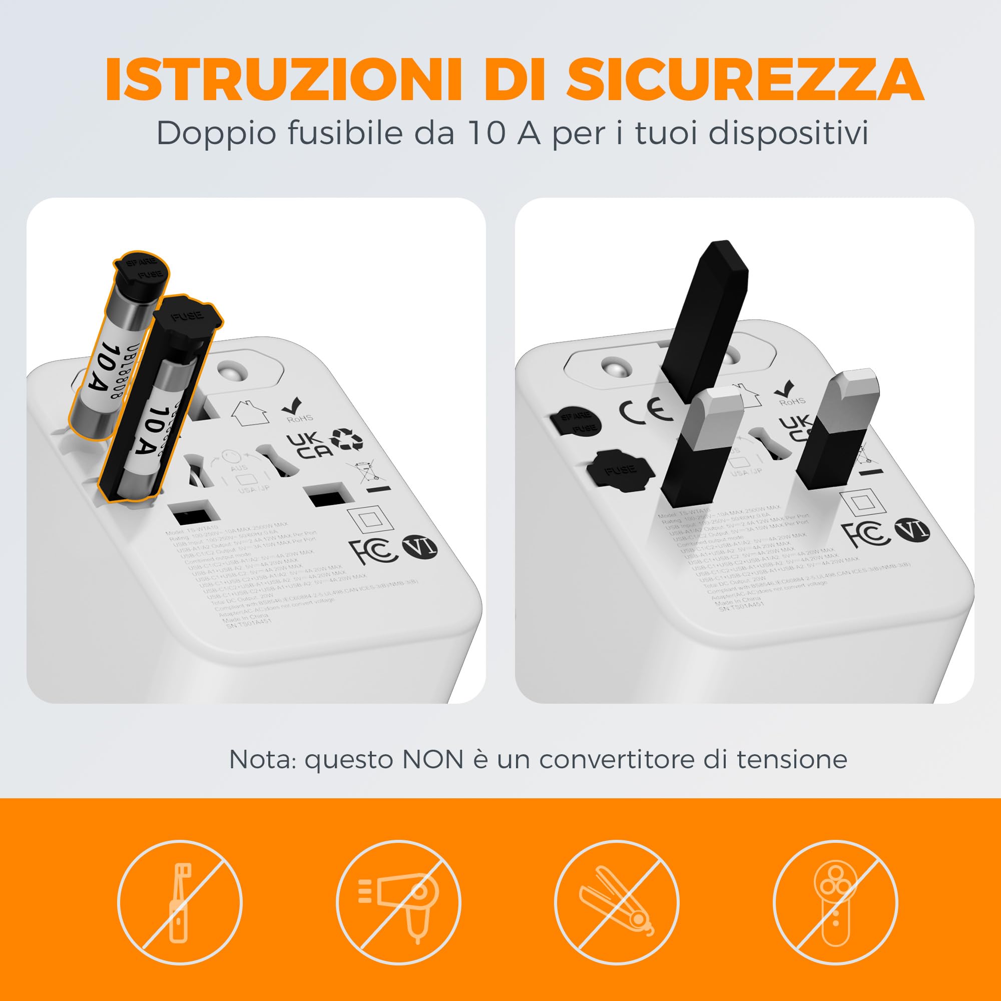 TESSAN Adattatore Universale da Viaggio con 2 USB C e 2 USB A, Presa per Spina Internazionale