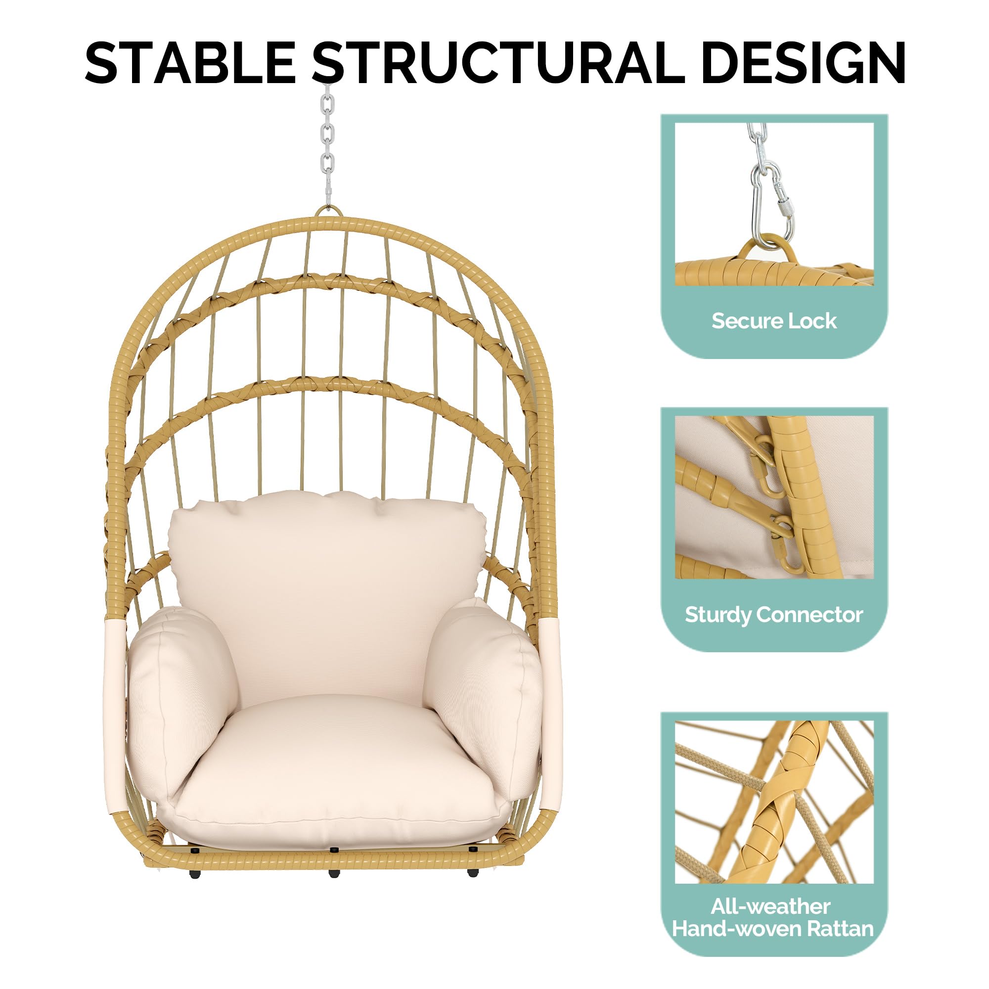 YITAHOME Hamaca Colgante sin Marco, Mecedora de ratán con cojín Lavable, Capacidad de Carga de 160 kg, Silla Colgante Plegable para terraza, jardín, Dormitorio y balcón, Color Beige