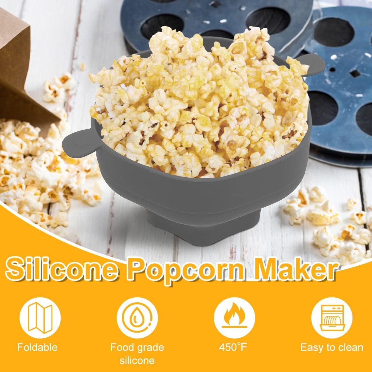 2 Pcs Silicone Microwave Popcorn Popper, Popcorn Popper Bowl with Lid and Handle, Heat-Resistant Collapsible Popcorn Bucket, Reusable Foldable Popcorn Maker, Dishwasher Safe for Home Party (Gray)
