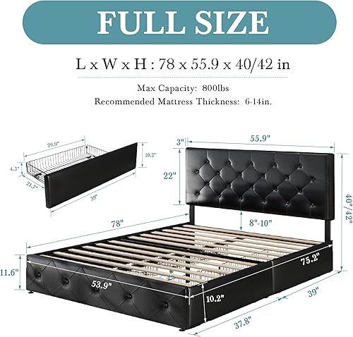 Miniatura 82 de HOOMIC Base de cama de almacenamiento de plataforma de tamaño matrimonial con 4 cajones y cabecera ajustable, listones de madera, no necesita Negro,