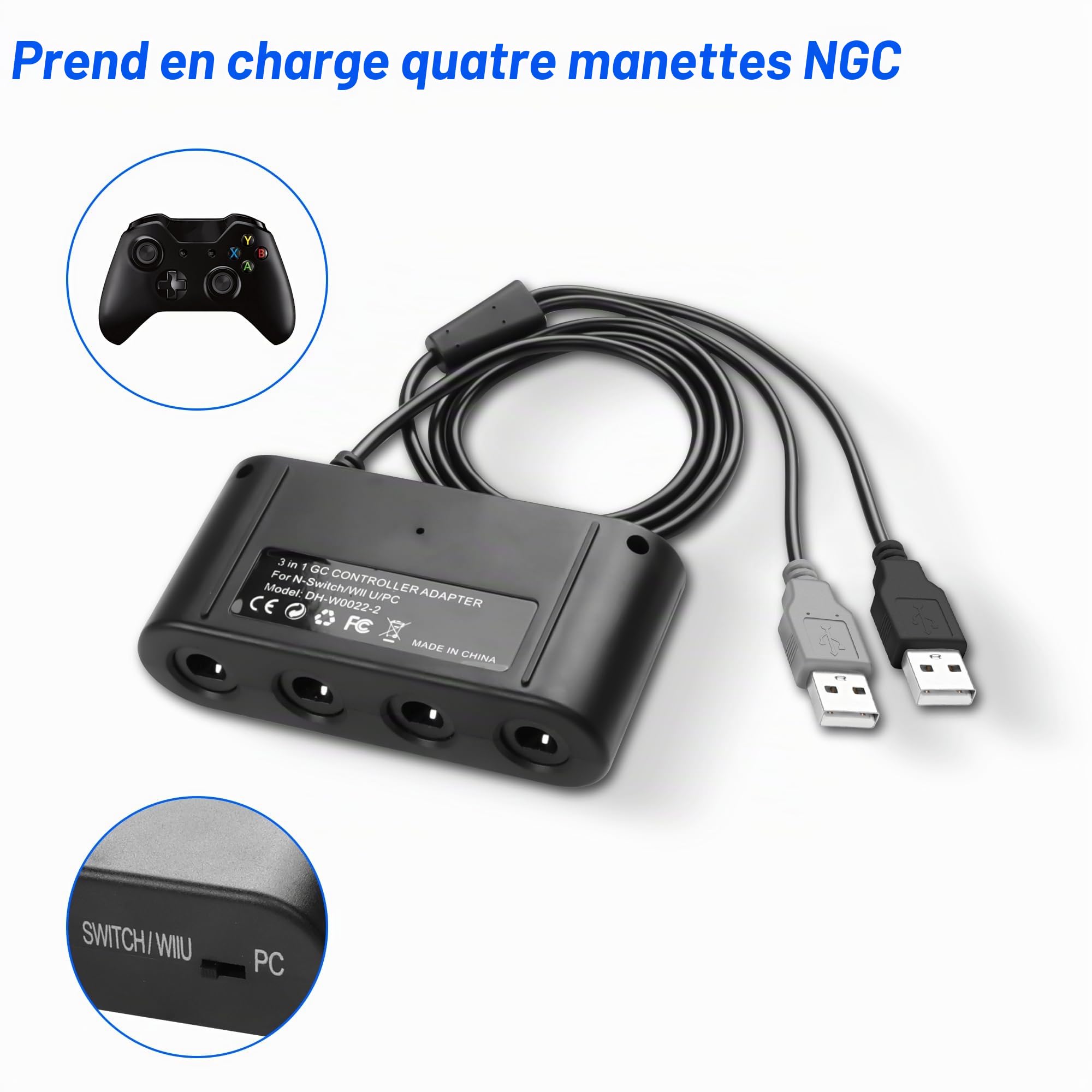 MEIRIYFA Controller Adapter for GC, Compatible with Switch Super Smash Bros NGC Adapter for WII U/PC USB & Switch with 4 Port/Turbo and Vibration Features