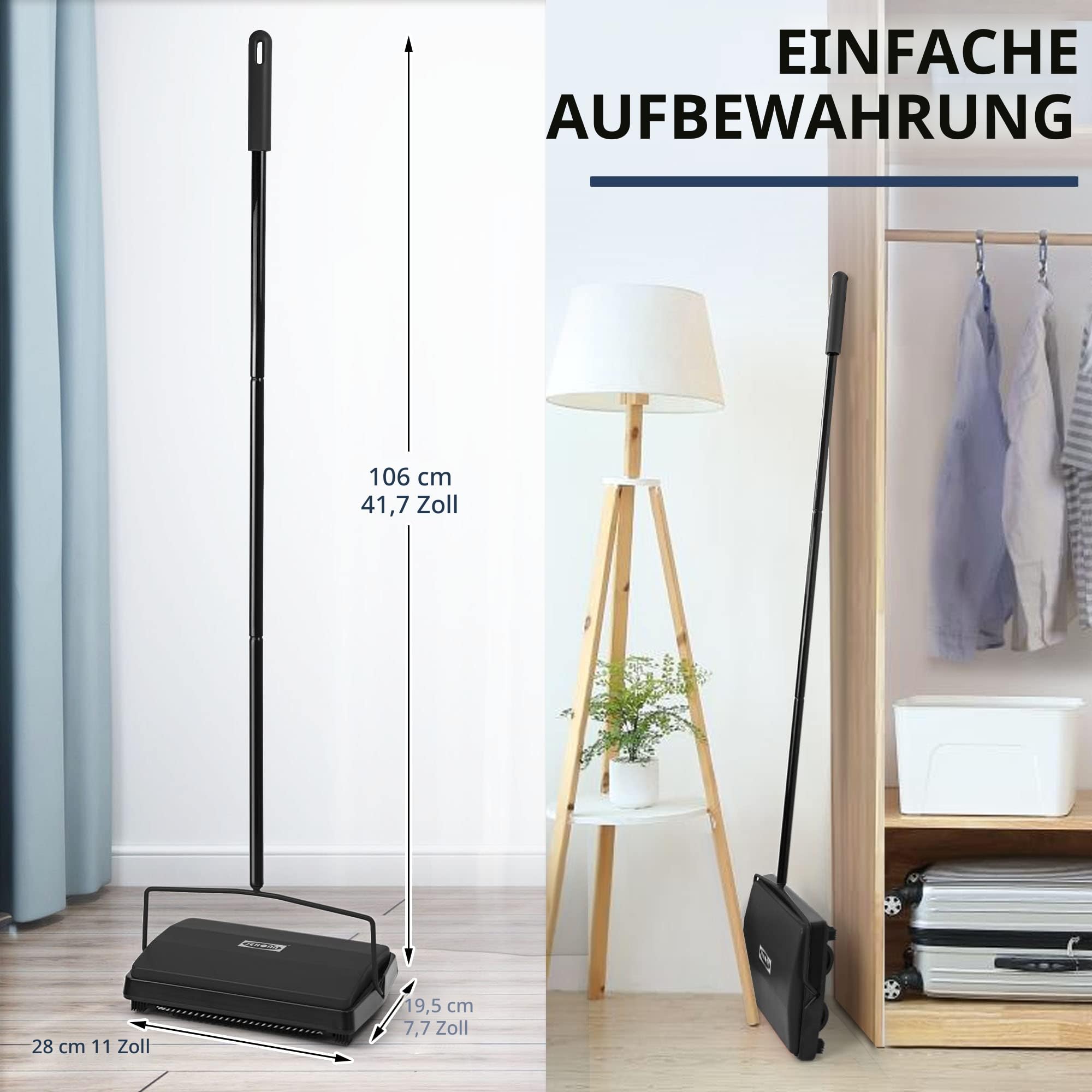 JEHONN Teppichkehrer Ohne Strom mit Rosshaar, Leicht und Kompakt Staubsauger Teppichroller für Haustierhaare, Kleine Schmutzpartikel (Schwarz)