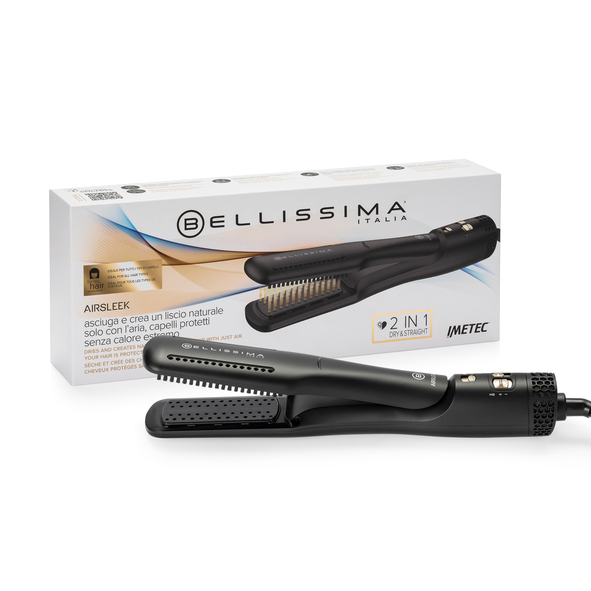 Bellissima AirSleek 2-in-1 Glätteisen, trocknet und schafft eine natürliche Glätte mit der Luft, geschütztes Haar ohne extreme Hitze, Ionisator, Keramikbeschichtung und Keratin, 2 Temperaturen