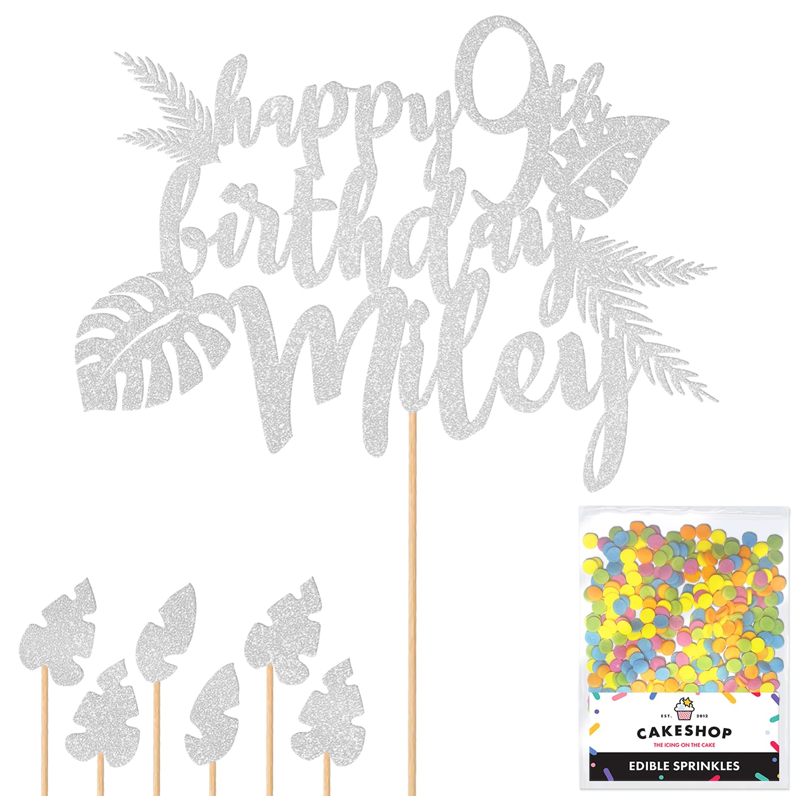 Personalised Birthday Jungle Themed Glitter Cake Topper Silver Any Custom Age & Name Glitter Cake Decoration and Sprinkles - Happy Birthday Decorations - Personalised Toppers for Cakes by Cakeshop