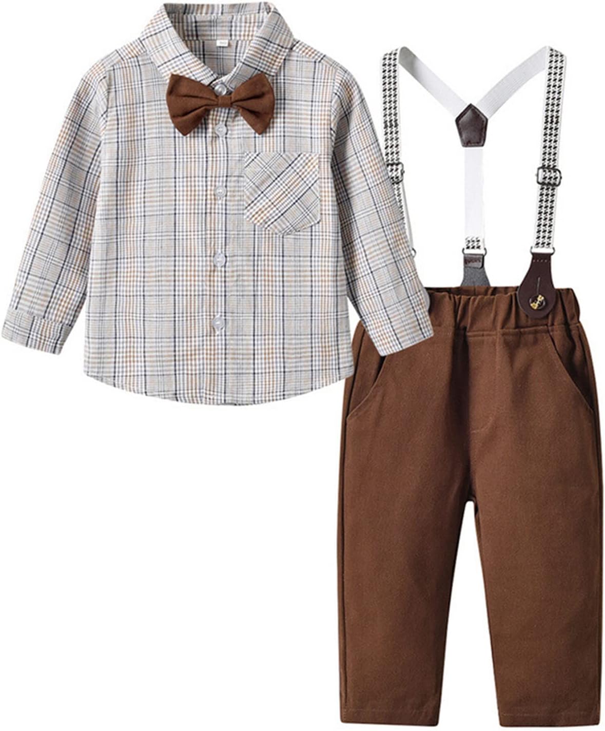 Kids Boys Formal Suspender Outfits sets,Long Sleeve Bowtie Plaid Shirts + Suspender Pants Wedding outfits
