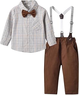Kids Boys Formal Suspender Outfits sets,Long Sleeve Bowtie Plaid Shirts + Suspender Pants Wedding outfits