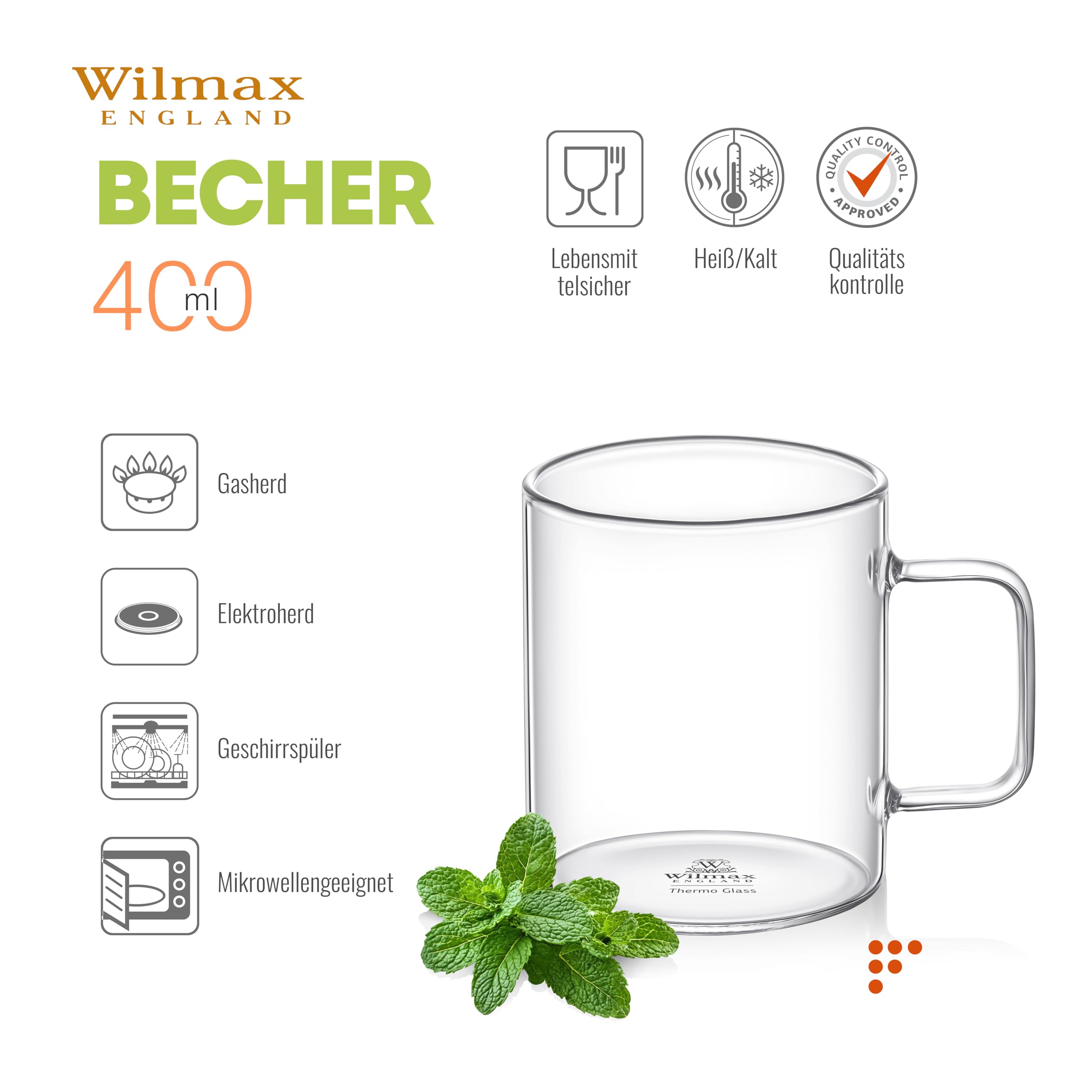 Wilmax | Teegläser mit Henkel & Kaffeegläser | Thermogläser 6er-Set | 400 ml | Gläser für Heiß- und Kaltgetränke | Kaffeebecher | Teetassen | Saftgläser | Glastassen | Spülmaschinenfest