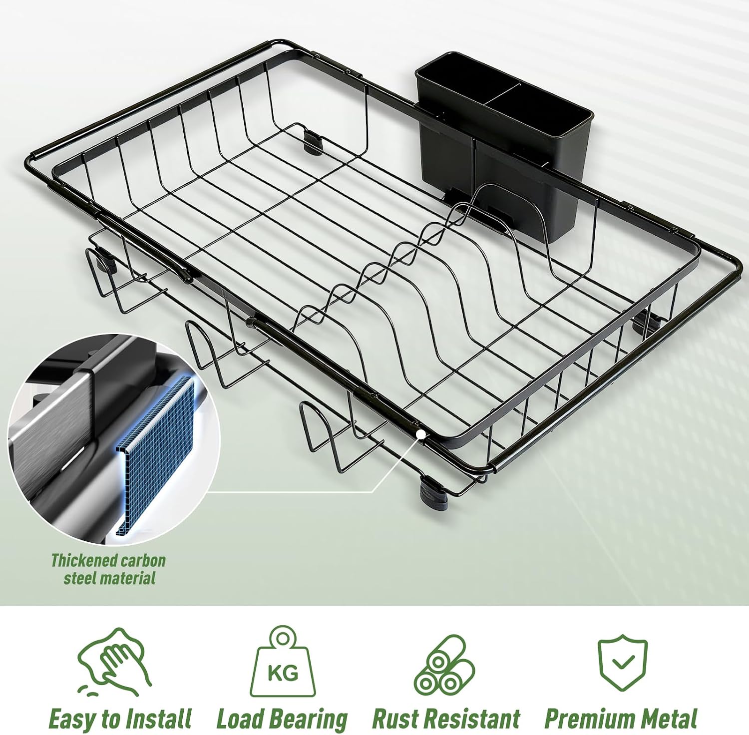 KUK Dish Drying Rack in Sink, Expandable Stainless Steel Over The Sink Dish Rack with Cutlery Holder & Cup Holders, Large Kitchen Racks for Dishes Vegetables Fruits (Black)