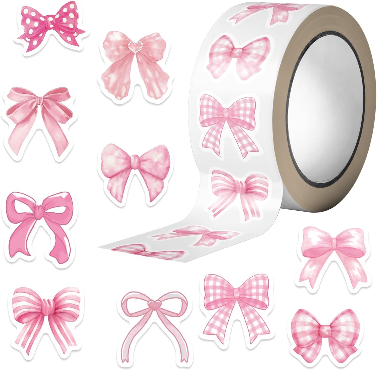 500 PCS Pink Bow Stickers Roll, 10 Assorted Designs 1 Inch Cute Aesthetic Vinyl Bow Decals, Waterproof Self-Adhesive Stickers for Scrapbooking, Water Bottles, Laptop, Gift Wrapping & Craft Supplies