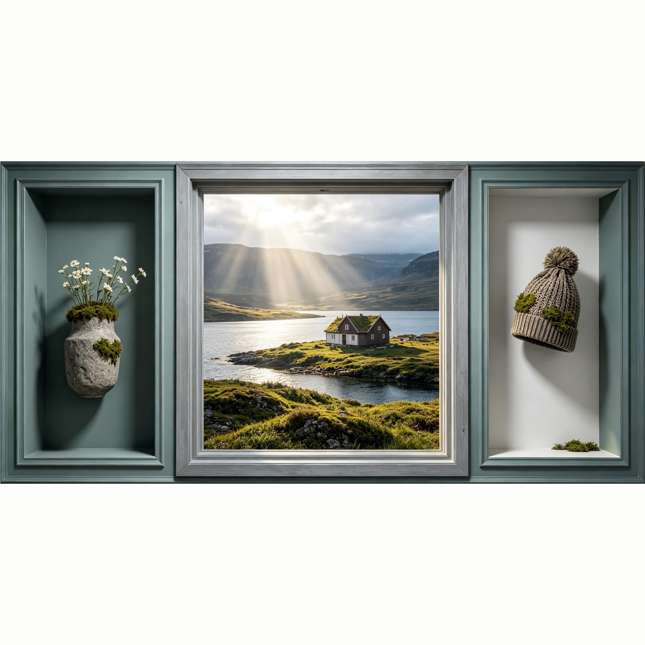 QZLITHOTIC 50x100cm 3D Framed Wall Art， Nordic Mountain Lake Cabin Landscape WaterActivated Peel & Stick Fabric Decor Wall Decal for Bedroom Living Room