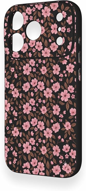 iPhone 17 Pro Uyumlu Mini Pembe Çiçek Desenli Silikon Kılıf, Siyah