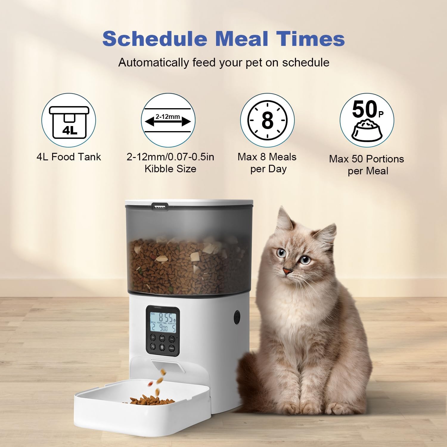 ANDOLL HOME Automatic Cat Feeder, 4L Cat Food Dispenser with 10s Voice Recorder, Pet Feeder up to 8 Meals per Day, Timed Dog Feeder with Dry Food Sealed Ring