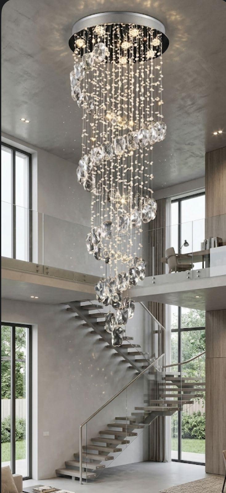 Sanleen Modern Spiral Crystal Chandelier, Amber and Clear Glass, Chrome Finish, Ceiling Mount, 182cm Height, Staircase and Living Room Lighting,White