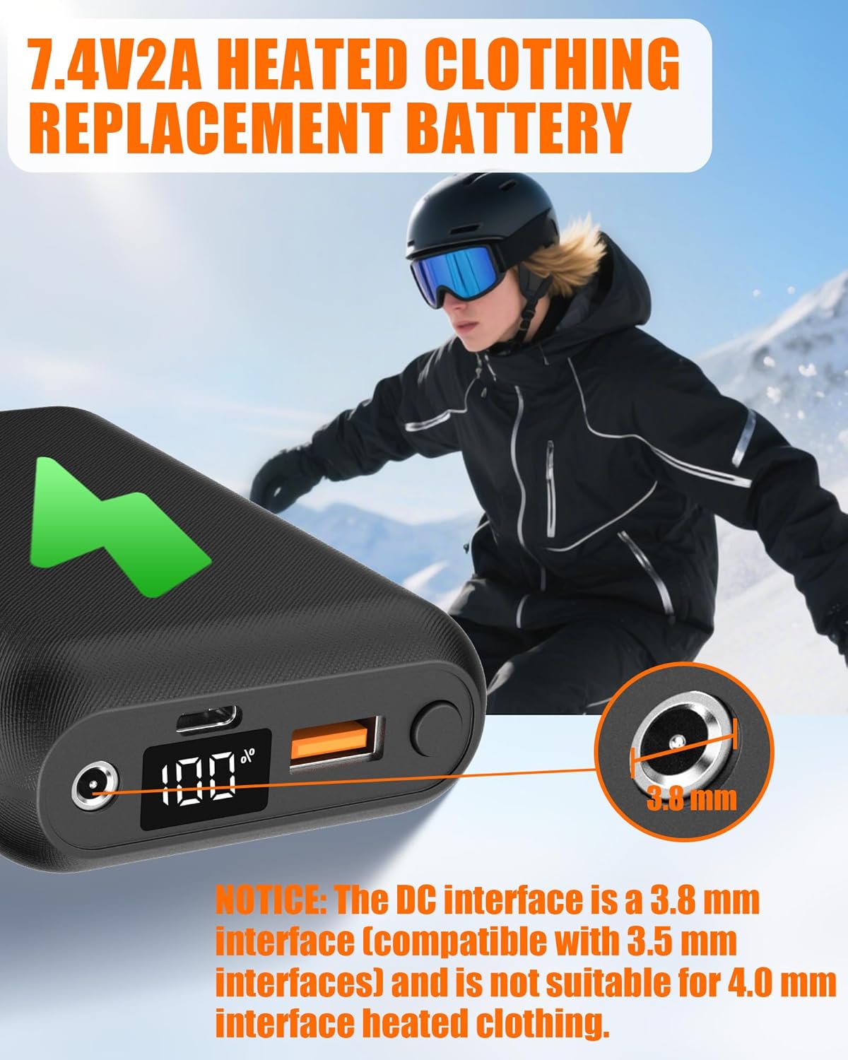 7.4V2A 20000mAh Battery Pack for Heated Vest Jacket Coat Pants and Heating Underwear, DC Port Heated Clothing Replacement Battery Pack