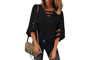 Women's V Neck Mesh Panel 3/4 Bell Sleeve Loose Top 2023