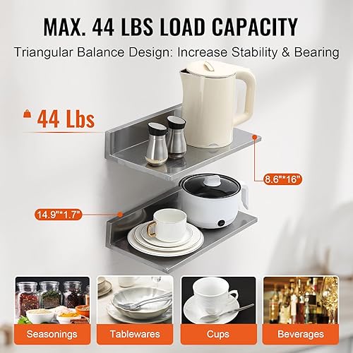 Miniatura 5 de VEVOR Estante de pared de acero inoxidable, con carga de 44 libras, estantería de montaje en pared comercial resistente con protector contra