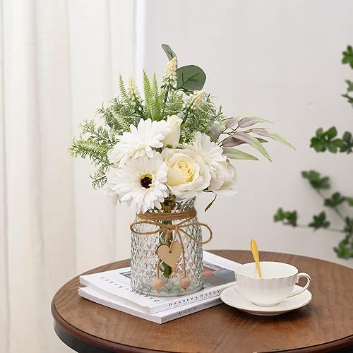 Miniatura 2 de Flores artificiales blancas con jarrón, arreglo de flores falsas para decoración del hogar, flores falsas para decoración de mesa de café campestre,