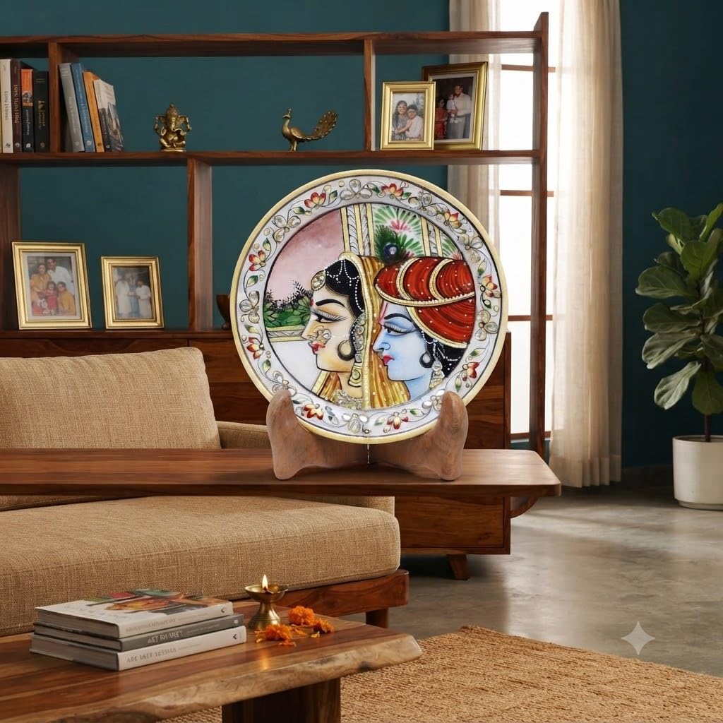 Anjali Arts 6 Inch Designer Decorative Marble Plate | Round Shape Lord Radha Krishna Showpiece Pottery Platess with Stand (Multicolor, 14.5x14.5x1.8 cm) 2
