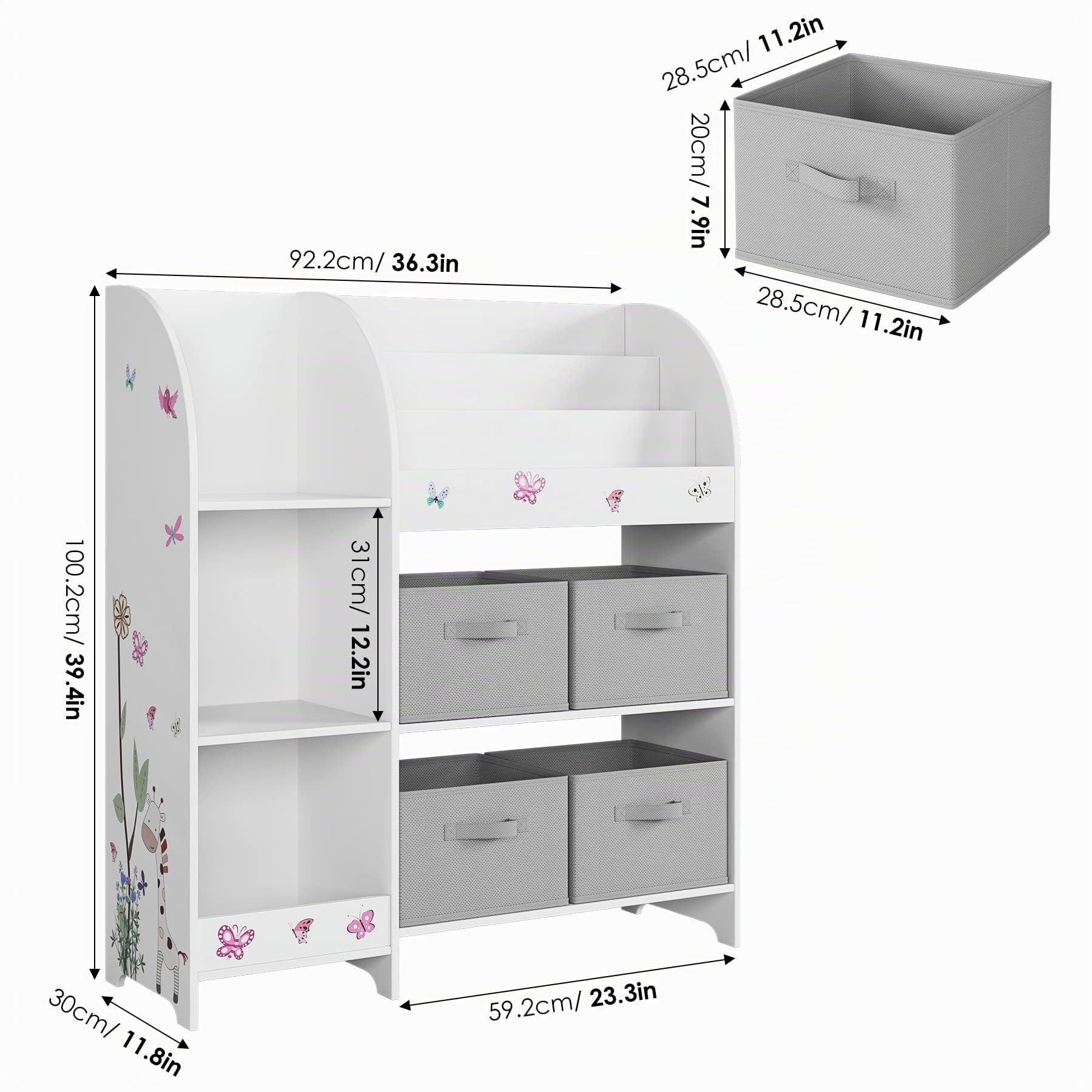 HOCSOK Estantería para Juguetes, Estanterias Almacenaje de Juguetes con 4 Cajones de Tela Extraíbles, Organizador de Juguetes y Libros para Niños, Blanco 92.2 x 100.2 x 30