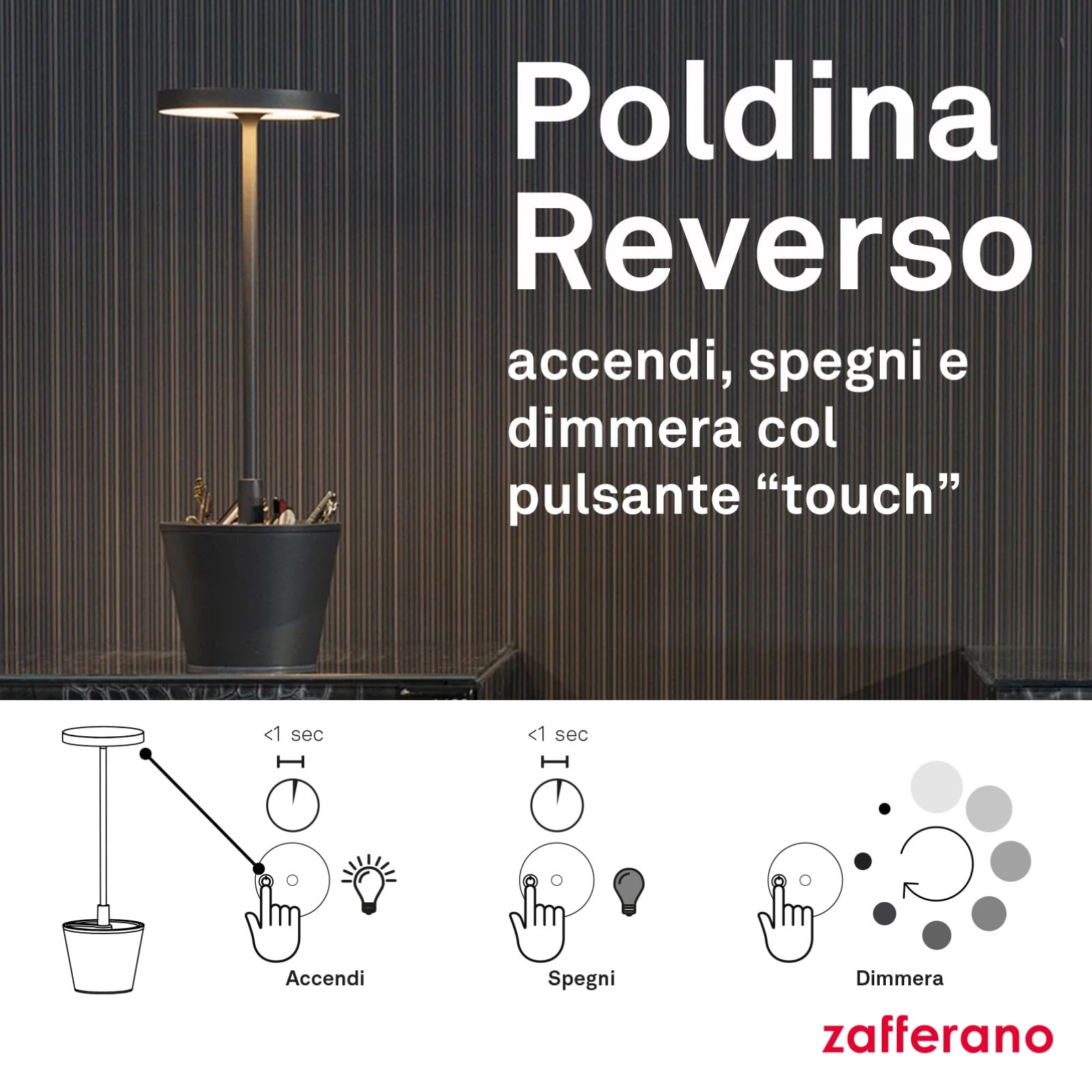 Zafferano Lampada Poldina Reverso, Lampada da Tavolo Ricaricabile e Senza Fili con Controllo Touch, Adatta per Salotto ed Esterni, Dimmer, 2200-3000 K, Altezza 35 cm, Colore Salvia