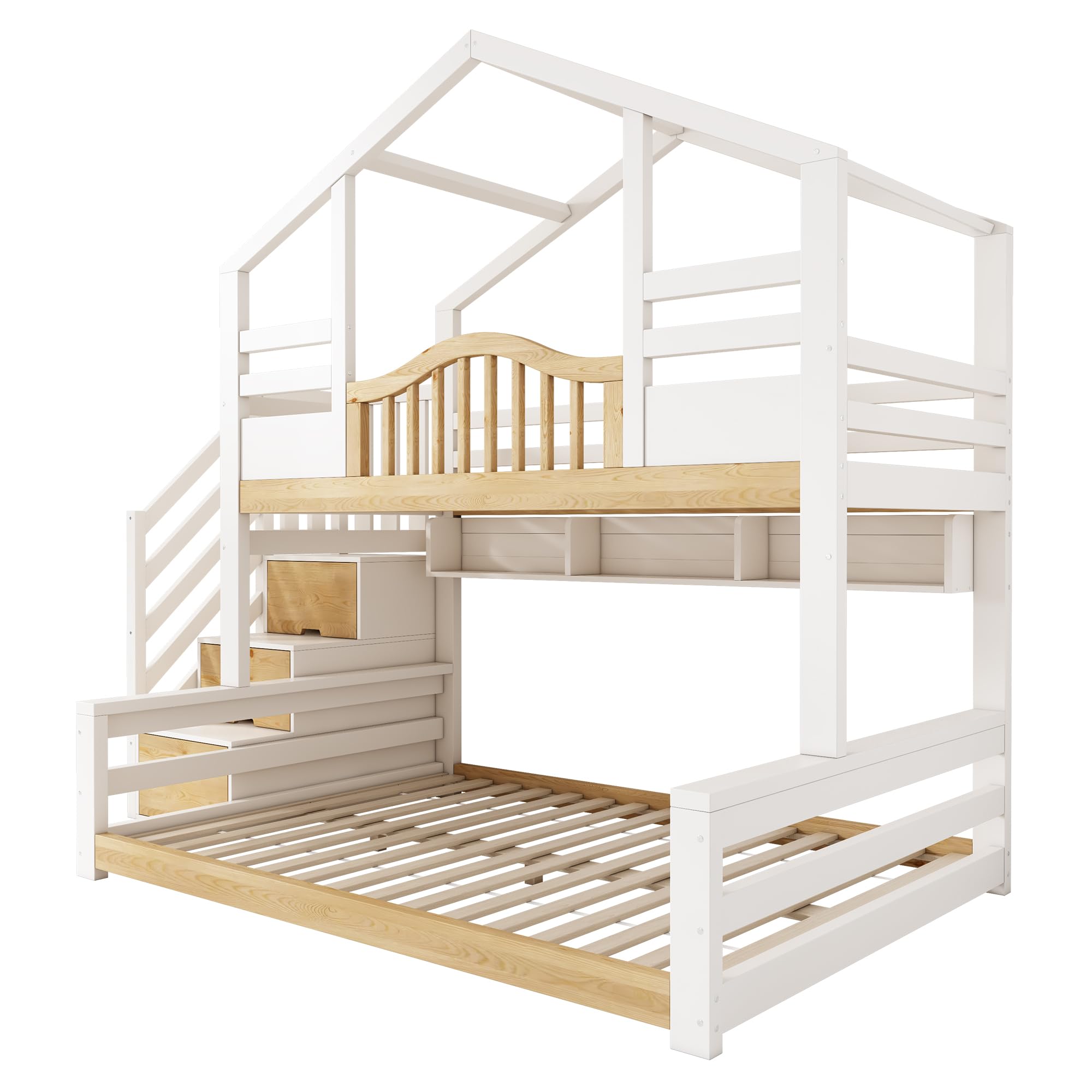Hochbett Etagenbett 90x200cm&140x200cm mit Treppenschrank, Kinder Hausbett mit Dach und Geländer, unteres Bett mit drei offene Regale, Kinderbett für 2 Kinder, Massivholz (Weiß&Natur, 90/140 x 200 cm)
