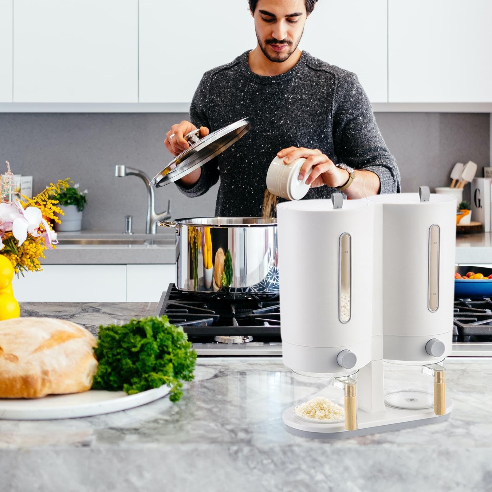 Dosatore Di Riso Erogazione A Pressione, Coperchio, Ermetico, Cereali, | Contenitore Dosatore Di Cereali A 2 Secchi Fagiolini, Farina, Fiocchi D'Avena Per Cucina E Dispensa