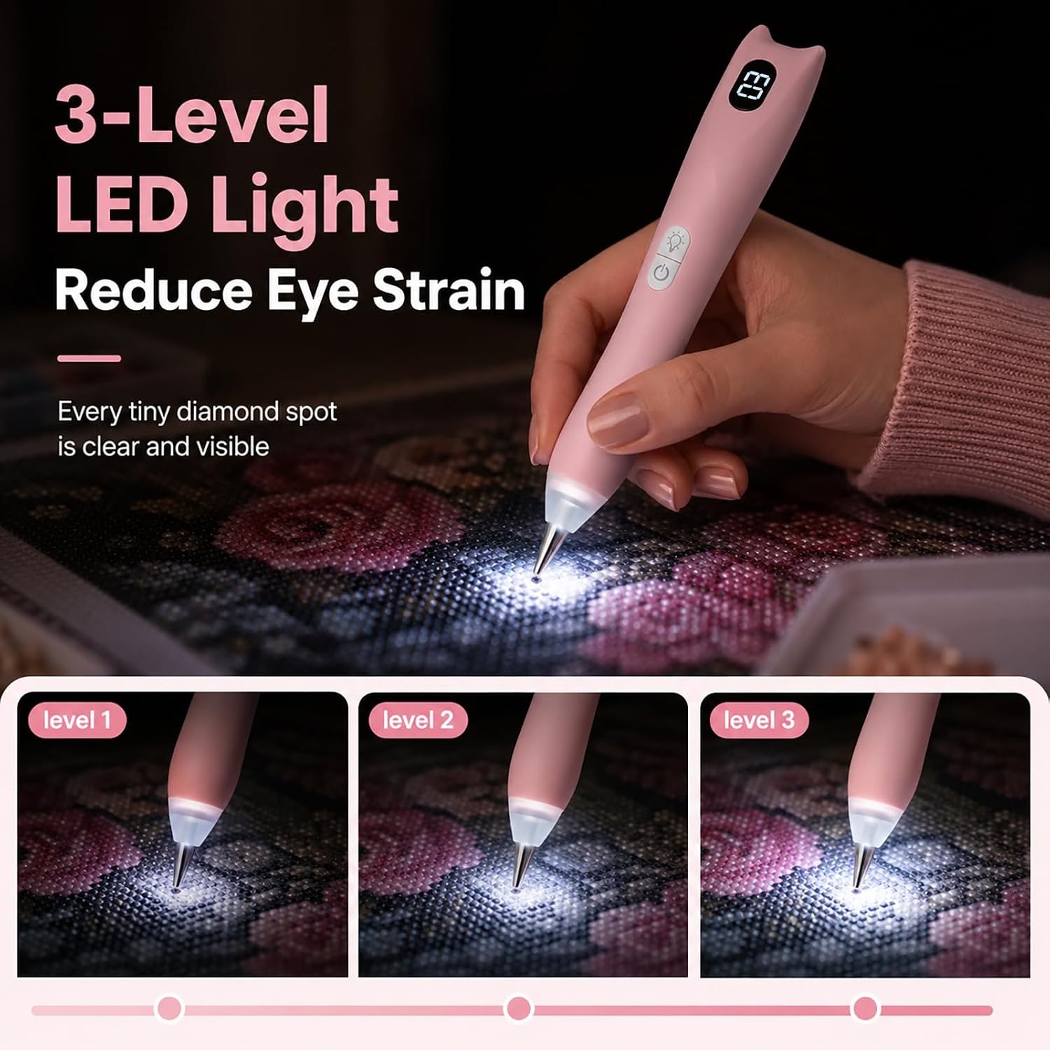 Kkluno Electric Diamond Painting Pen with Digital Display, 3 Brightness Levels Diamond Art Kits for Adults, Ergonomic Grip and Extra Tips, Wireless & Rechargeable Quiet Suction Diamond Painting Pen