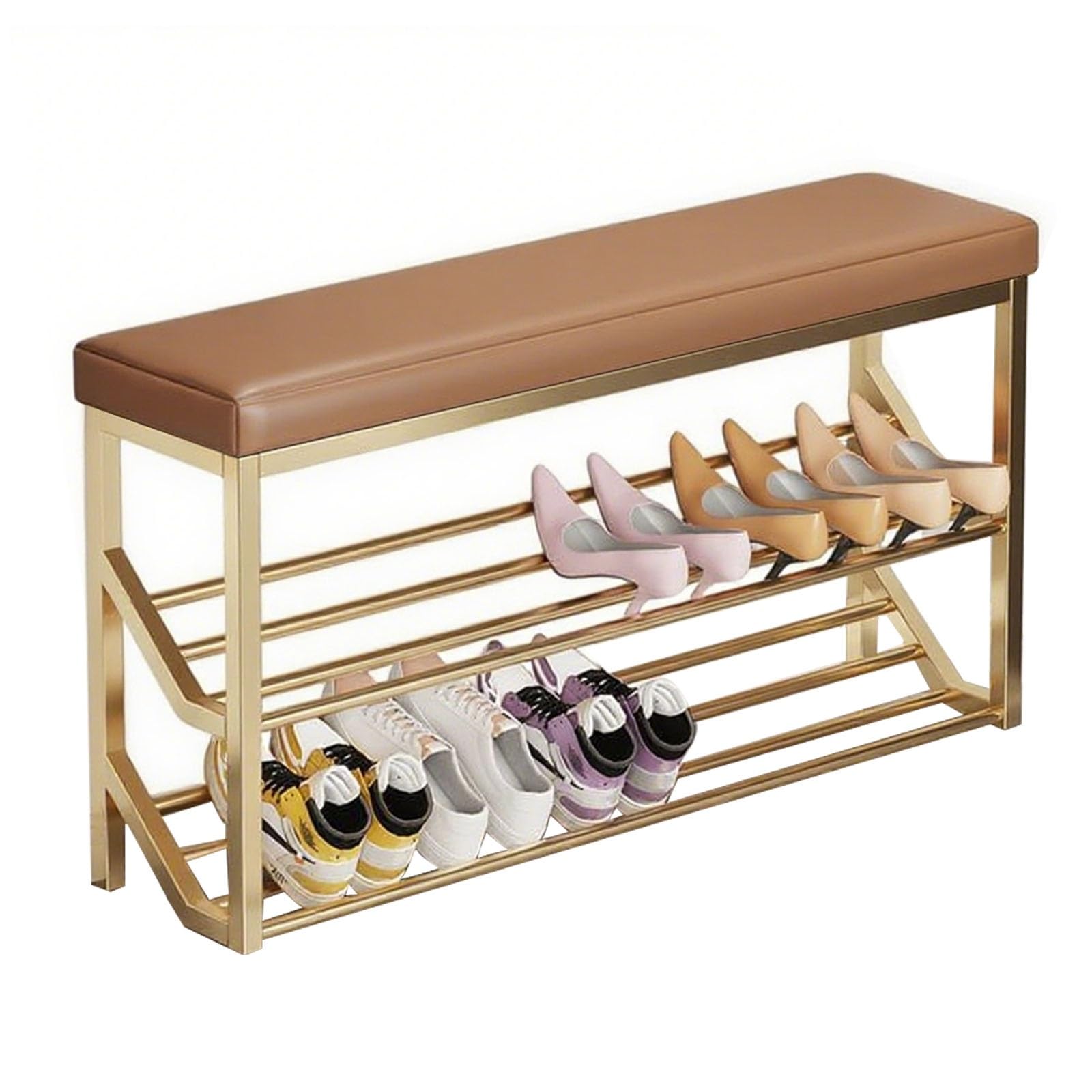 LWJSOCP 2-Tier Narrow Shoe Rack Stool with PU Leather Cushion Metal e Stylish Entryway Storage for Hallway & Living Room - ge & d 100x20cm