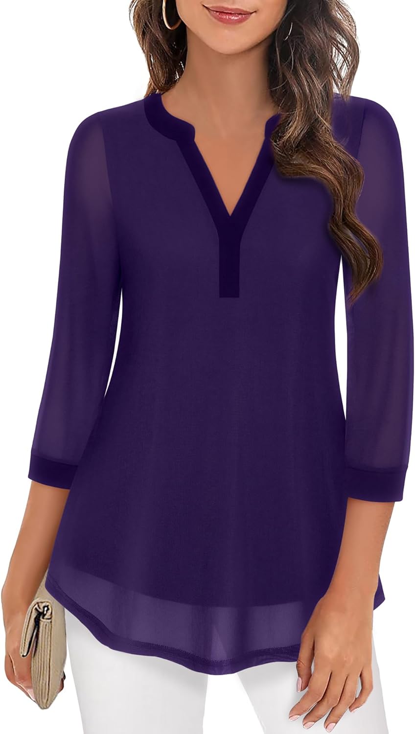 Timeson Women's 3/4 Sleeve Blouses Casual V Neck Dress Shirts Double Layers Mesh Tunics Tops - Image 2