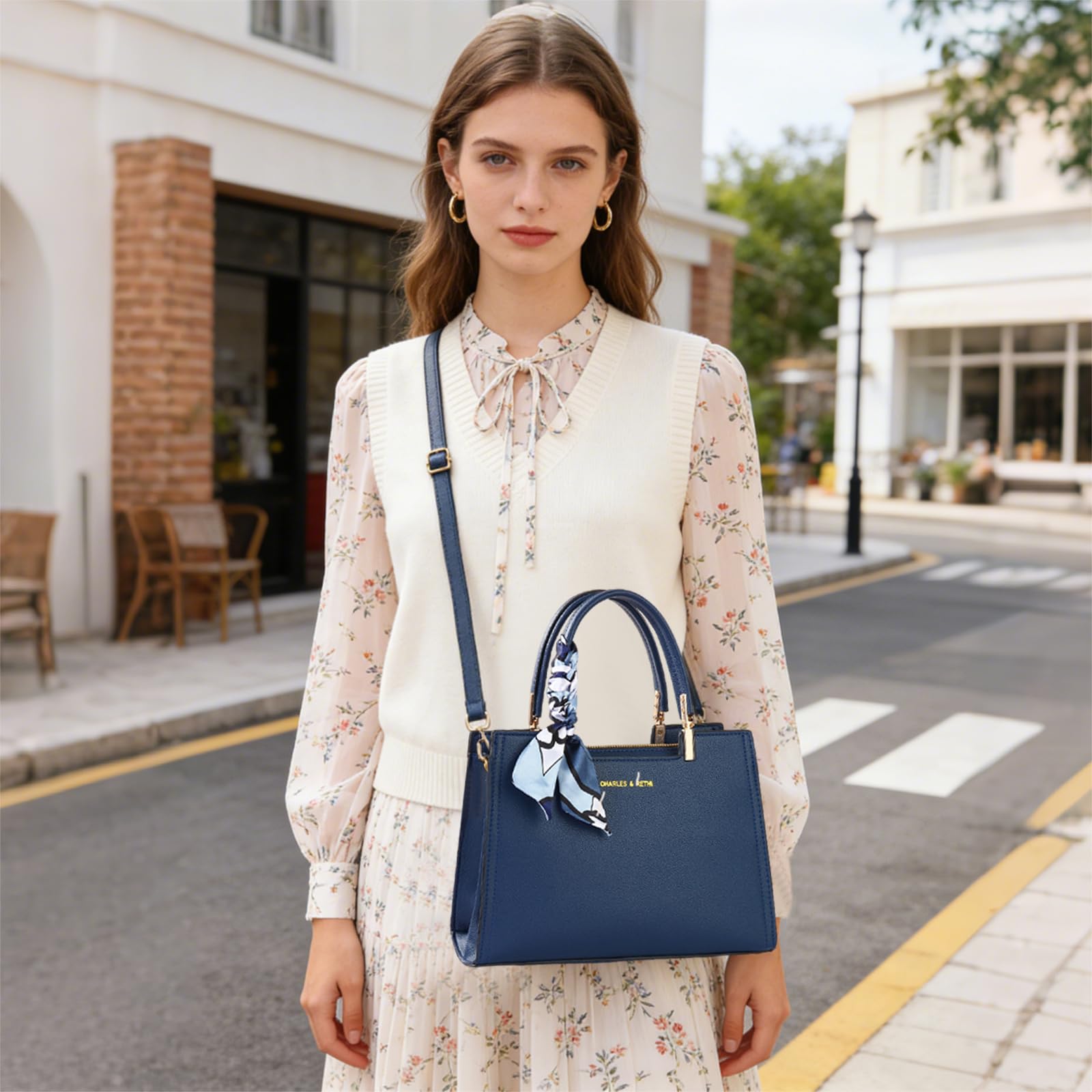 Elegante Bolso de Mano Mujer Bolso Bandolera de Cuero PU Bolsos de Hombro con Decoración de Paño de Seda Bolsos Cruzados con Múltiples Bolsillos Tote para Viajes Compras Trabajo Azul Zafiro