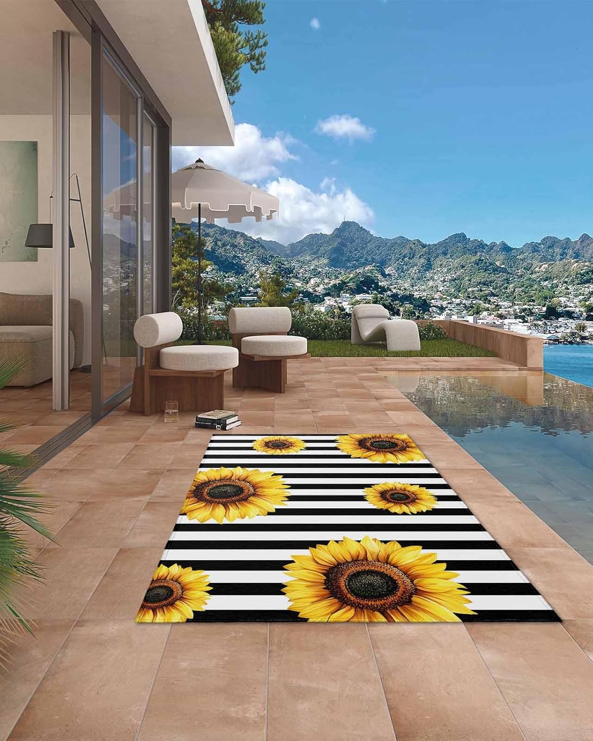 Outdoor Rug 4x6 ft Sunflower Black Stripes Outdoor Large Area Rug Non Slip Rubber Pastoral Striped Front Door Mat RV Rug Camping Carpet Patio Outdoor Rugs for Backyard Balcony Deck Porch Indoor