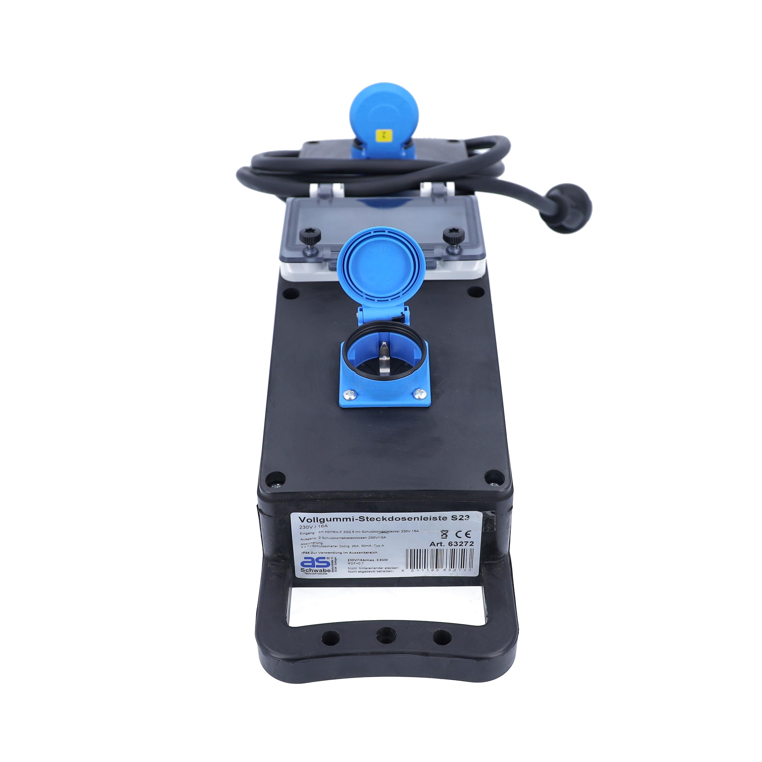 as - Schwabe Regleta móvil de goma maciza, 2 m H07RN-F 3G2,5 cable con protección de contacto 230 V/16 A, 2 enchufes de protección de contacto de 230 V/16 A, 2 interruptores de corriente residual