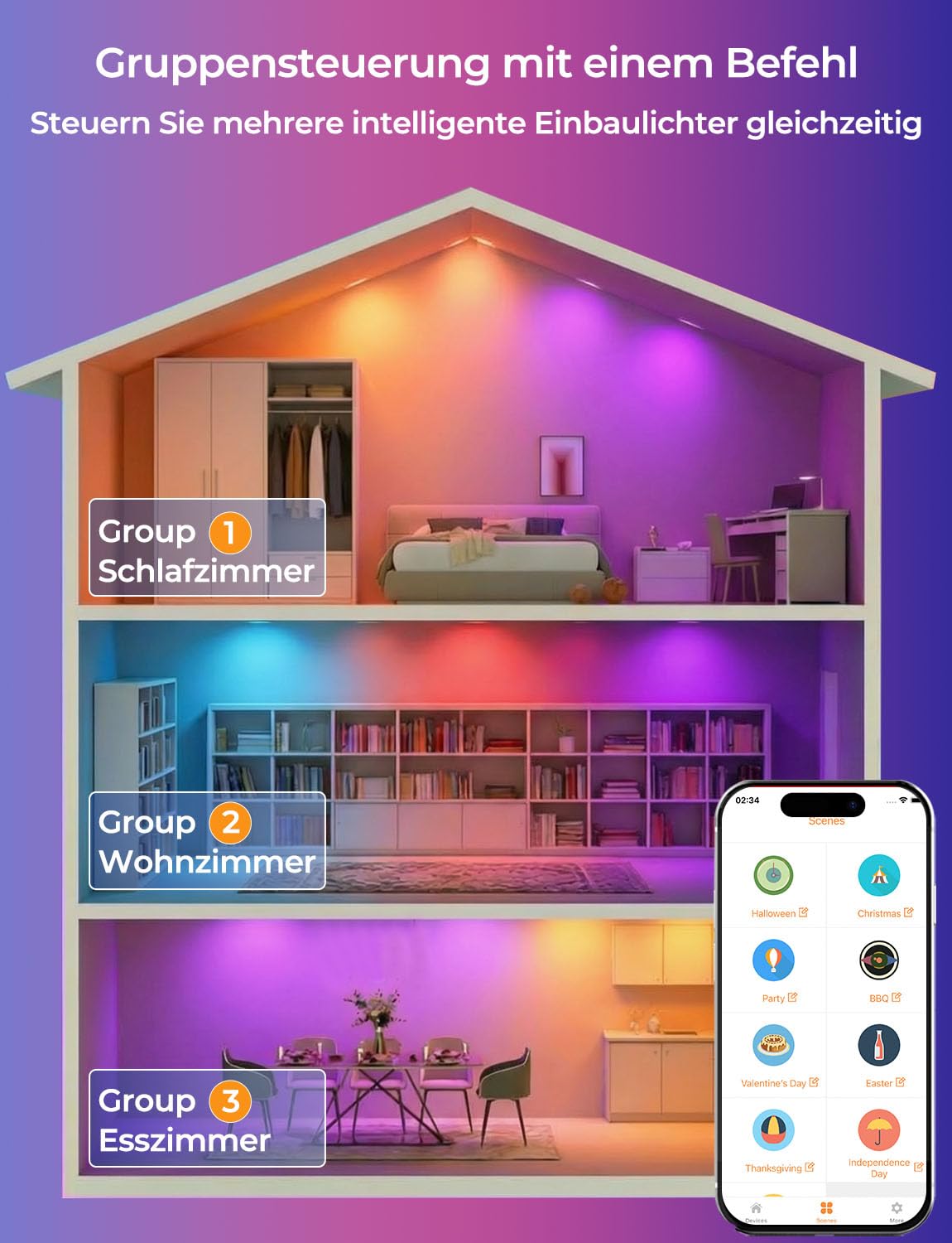 HEKEE Einbaustrahler LED RGB Bluetooth, Ф68-85mm RGBW LED Spots, Farbig LED Einbaustrahler 2700K-6000K IP44, Einbauspots mit Timer und APP-Steuerung（6 stück）