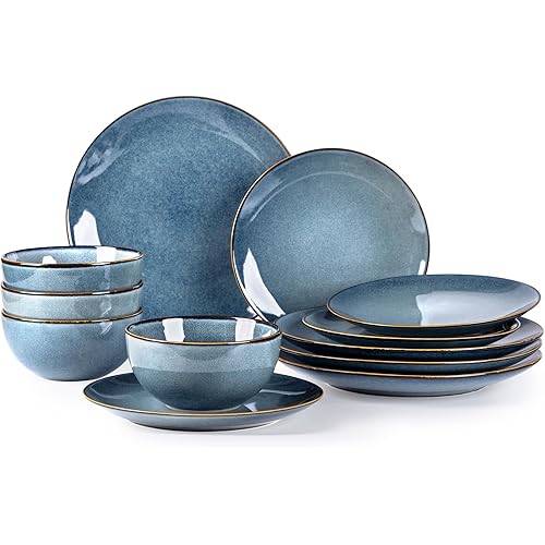 GBHOME Ceramic Dinnerware Sets for 4, 12 Pieces Stoneware Plates and Bowls Sets, Reactive Glaze Dishes -Scratch Resistant, Dishwasher&Microwave Safe-Space Blue