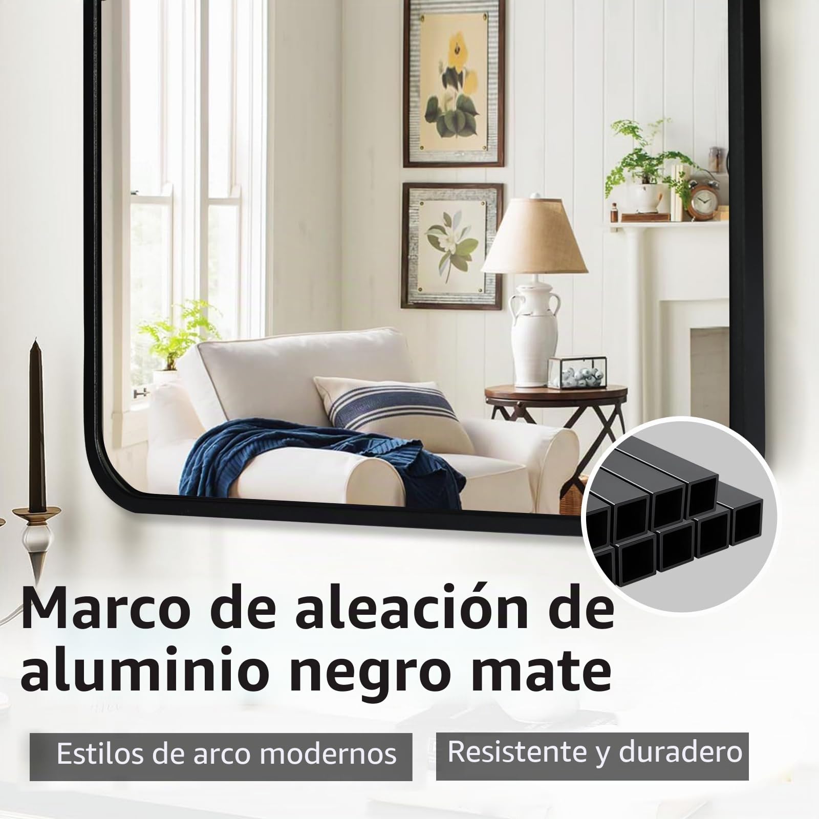 Espejo de baño 70x50 cm, Marco de Aluminio Negro | Resistente al óxido y la corrosión · montaje horizontal o vertical · baño, dormitorio, salón, pasillo