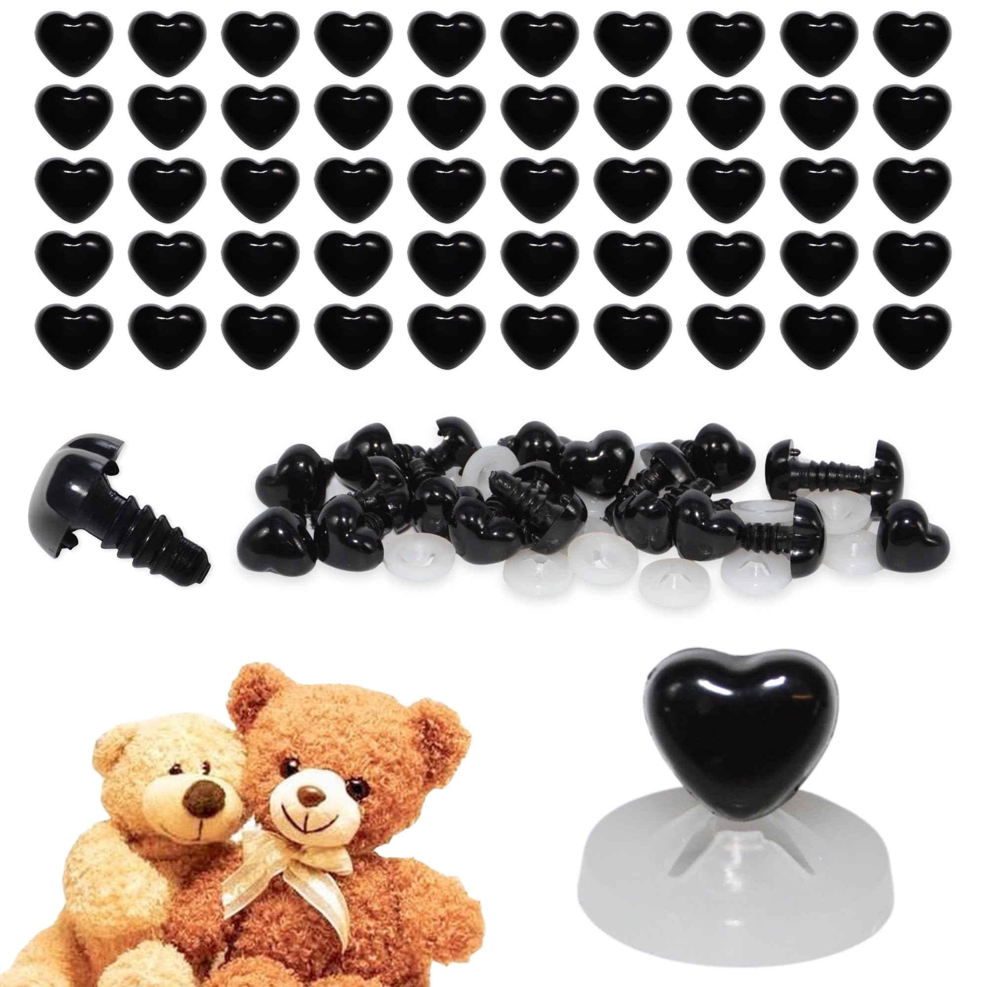 celloexpress 8mm x 7mm Black Heart Noses with Plastic Backs - Safety Noses for Soft Toy Teddy Bear Animal Making (Pack of 50) โ image 1