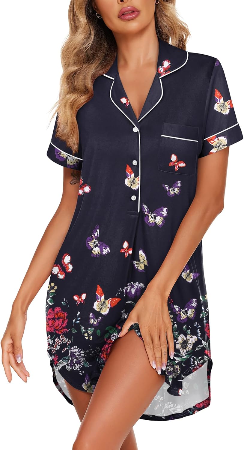 Ekouaer Women's Nightgown Button Down Nightshirt V Neck Sleepshirt Short Sleeve Sleepwear Soft Pajama Dress