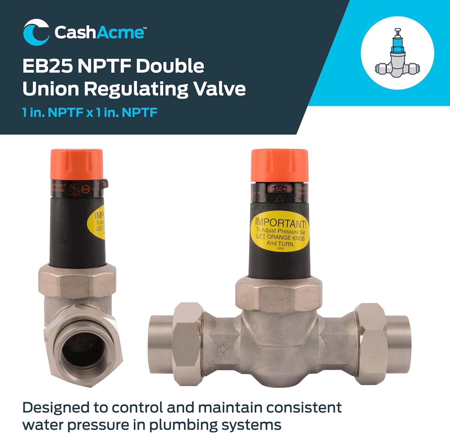 Cash Acme 1 Inch EB25 Double Union Pressure Regulator Valve (PRV), Stainless Steel Threaded NPT, 45 PSI, 22267-0045