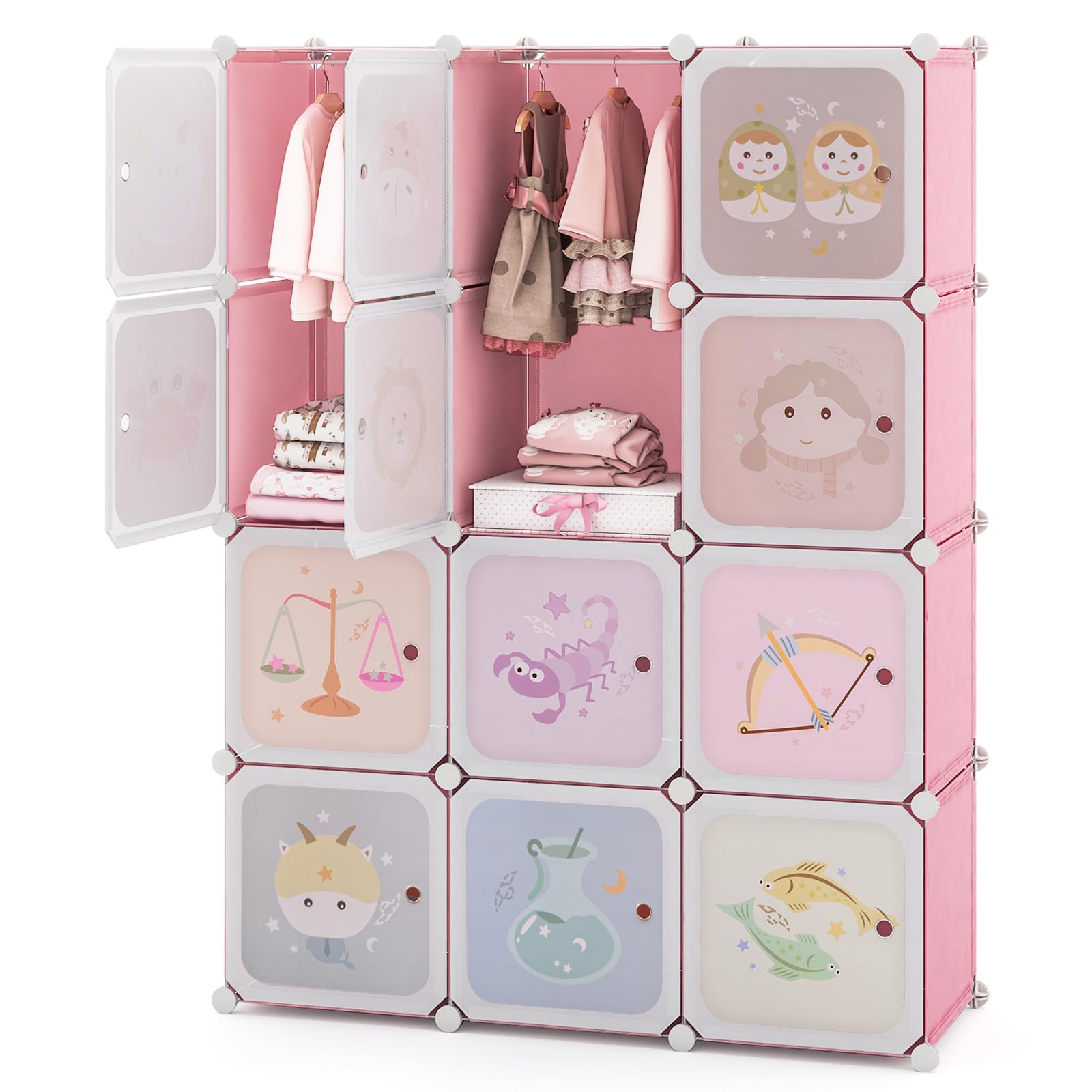 COSTWAY 8/12 Cube Children Clothes Closet, Cartoon Modular Wardrobe with Hanging Sections, Kids Storage Unit for Children Room, Nursery, Bedroom