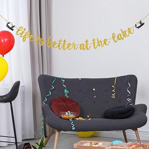 Miniatura 5 de Cartel dorado con purpurina «Life is Better at the Lake», decoración de fiesta de cumpleaños o jubilación con temática de pesca, decoración de