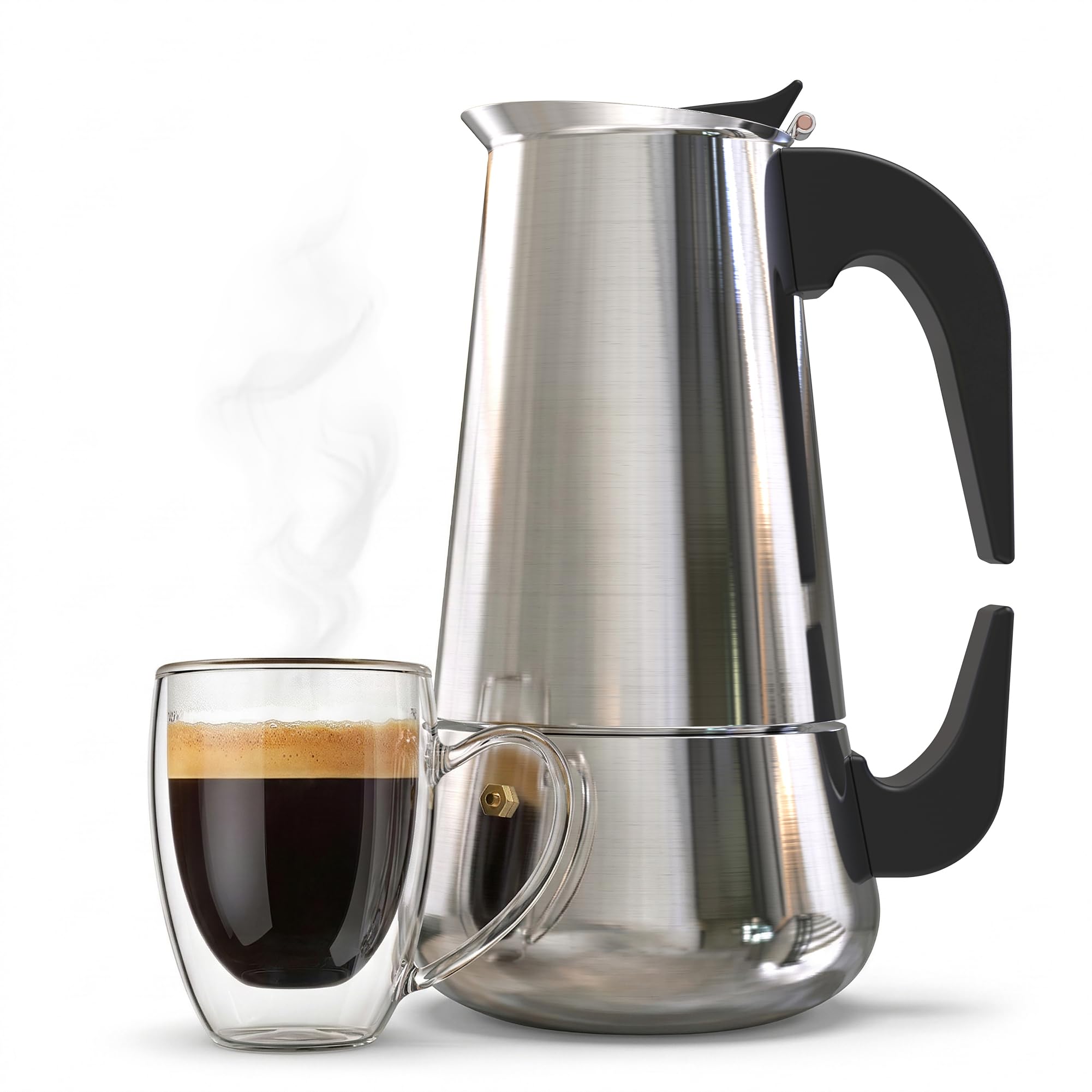 Cafetera Italiana de Inducción de Acero Inoxidable para 6 Tazas - Moka Antiadherente con Doble Asa de Fácil Limpieza para un Café Espresso con Sabor Intenso