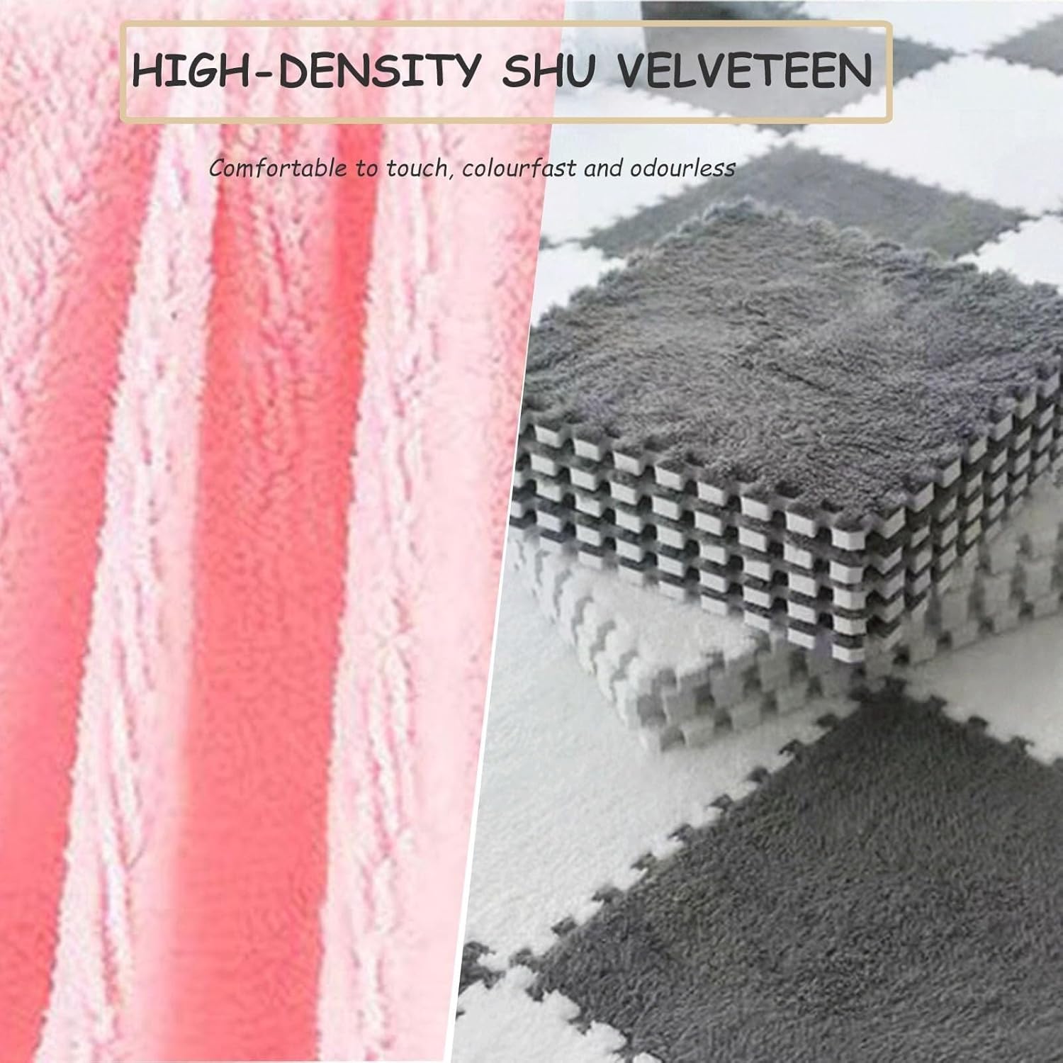 30x30x1cm Thickned Puzzle Carpet Squares Foam Mats, 15pcs Plush Puzzle Foam Floor Mats, Interlocking Soft Floor Tiles Area Rugs for Room(Pink)