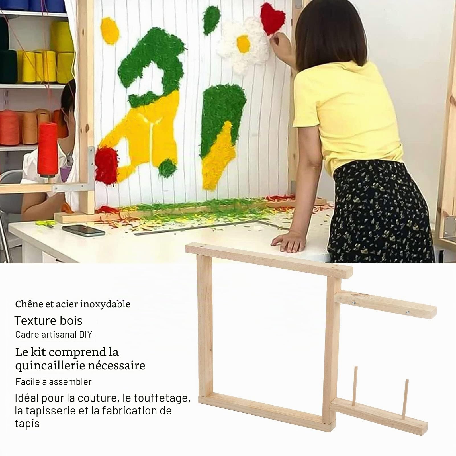 Cadre de tufting pour tapis, kit de fabrication en bois incluant gun de tufting