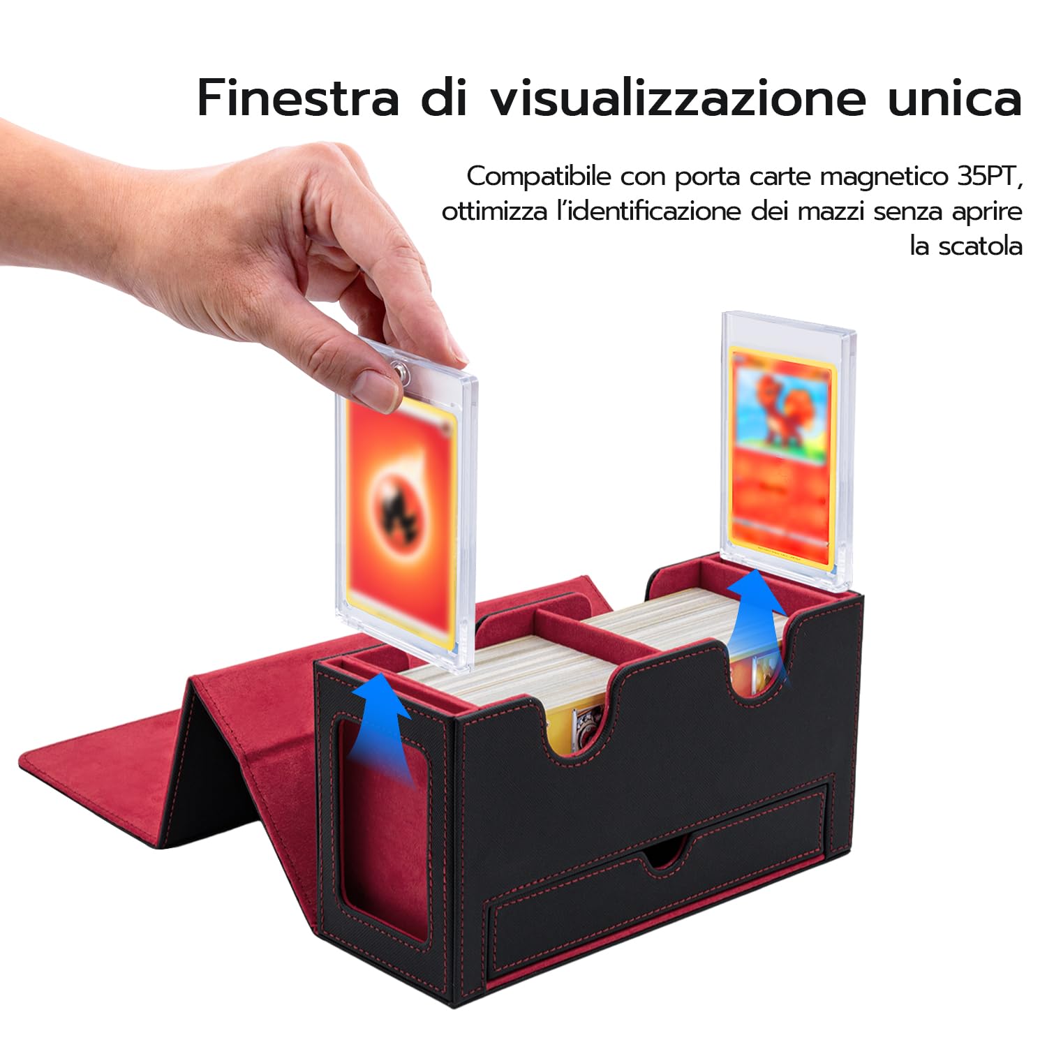 Tolesum Doppio Deck Box Porta Mazzo per MTG, Capacità di 300+ New Carte Senza Maniche con 1 Dice Tray,Magnetic Flip Deck Box per Scatola di Carte di Collezione Magic Commander TCG -Nero e Rosso