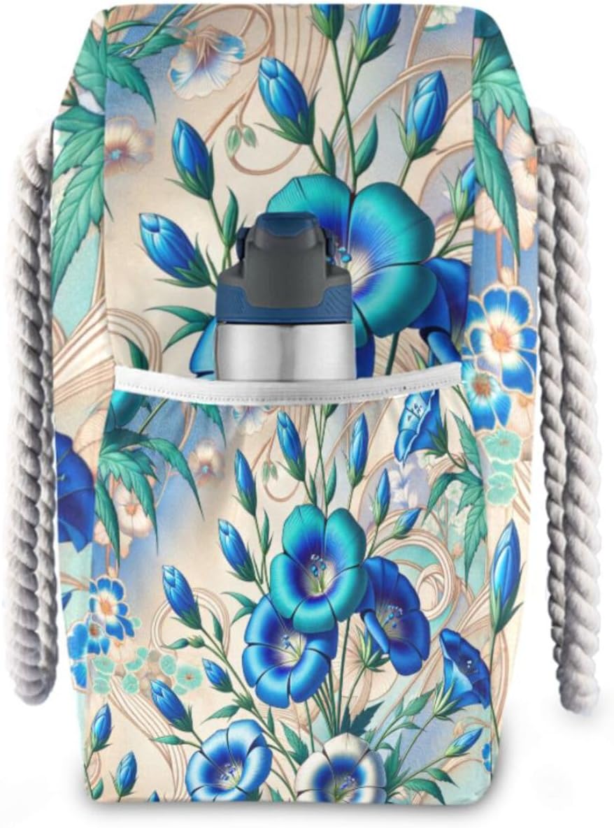 OTVEE Blue Flax Flowers Kimono Pattern Beach Bags for Women Ladies Large Canvas Tote Shoulder Bag Waterproof Travel Bags for Gym Swim Pool Camping