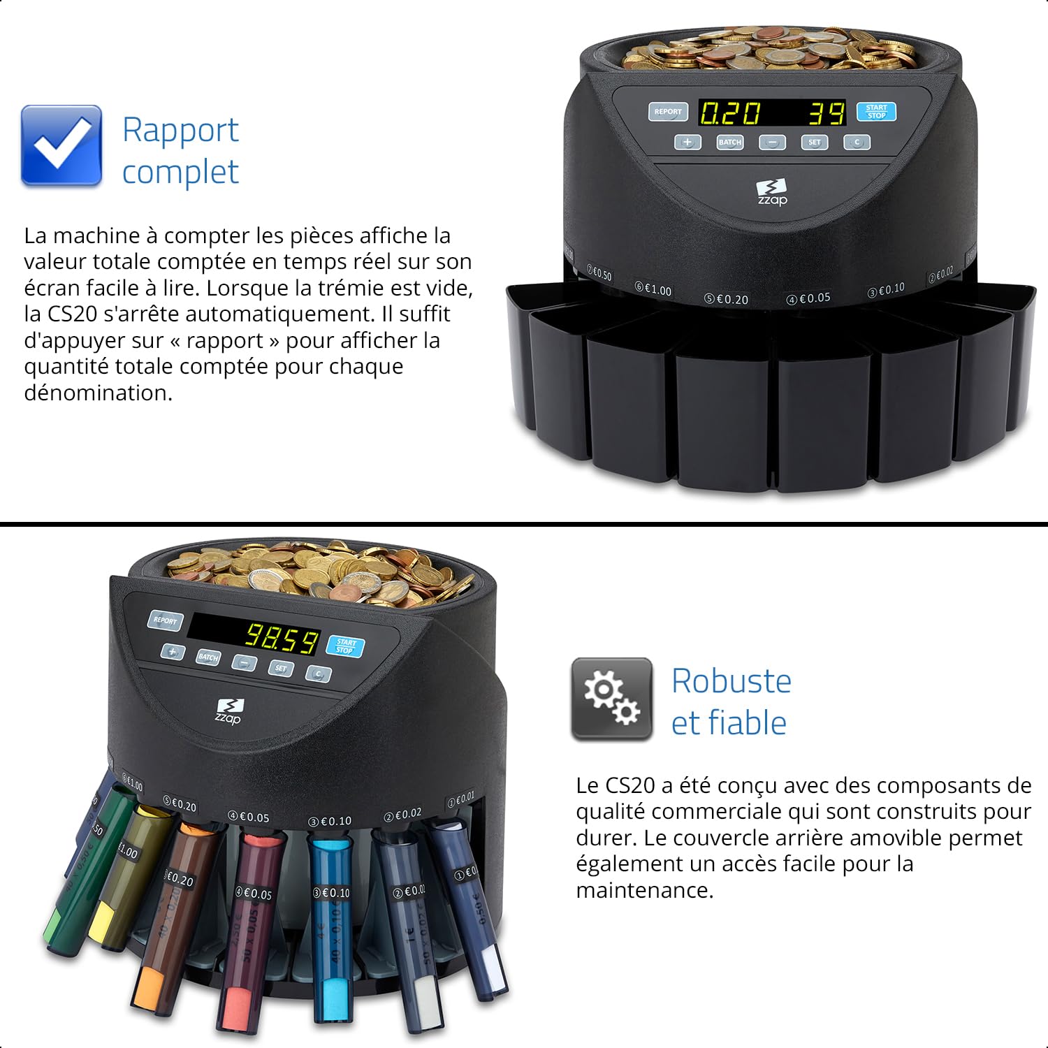ZZap CS20 - Compteuse et Trieuse Automatique de Pièces EURO Machine de Comptage de Monnaie. Compteuse de Pièces avec Tubes de Tri
