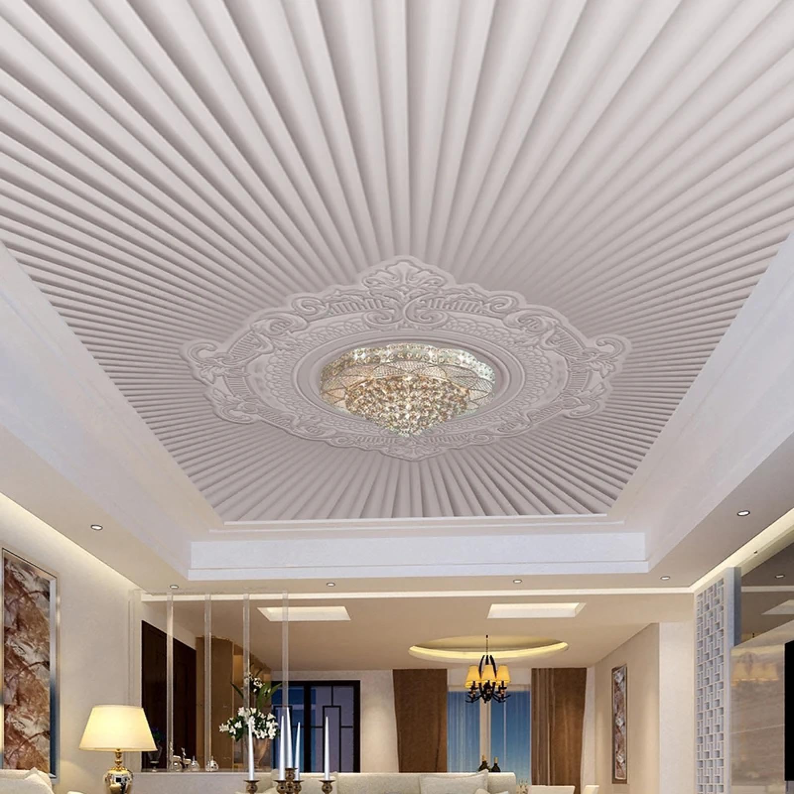 Papier peint mural 3D plafond en plâtre blanc à rayures pour salon