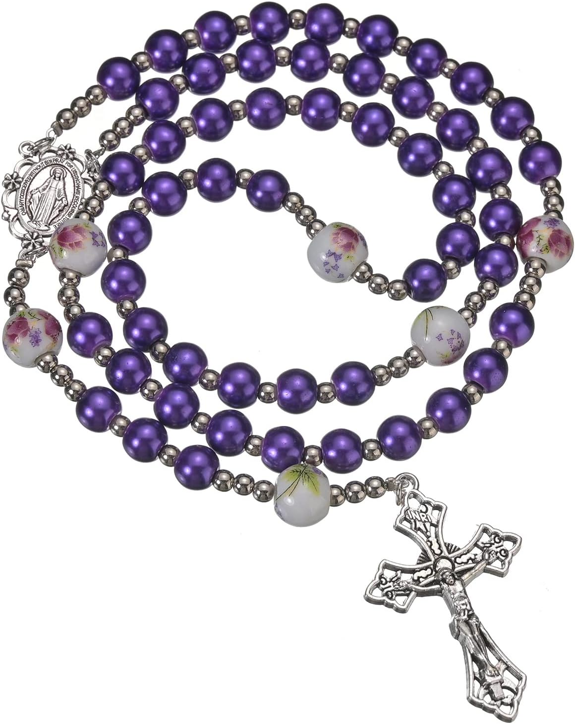 8mm Purple Pearl Beads Catholic Rosary Glass Beaded Acrylic String Necklace White Ceramics Bead Rosary Miraculous Medal Crucifix Cross Gift for Women Girls - Image 2